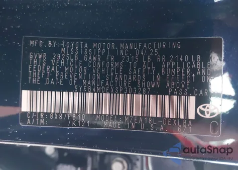 2025 Toyota Corolla Le from USA, damaged, VIN 5YFB4MDEXSP303287